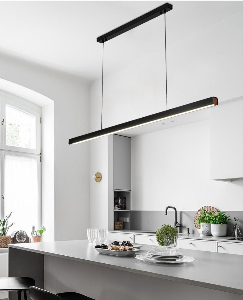 Black Long Strip Minimalism LED Island Light Aluminum + Walnut Nordic Style Suspension Lighting Fixture for Dining Room