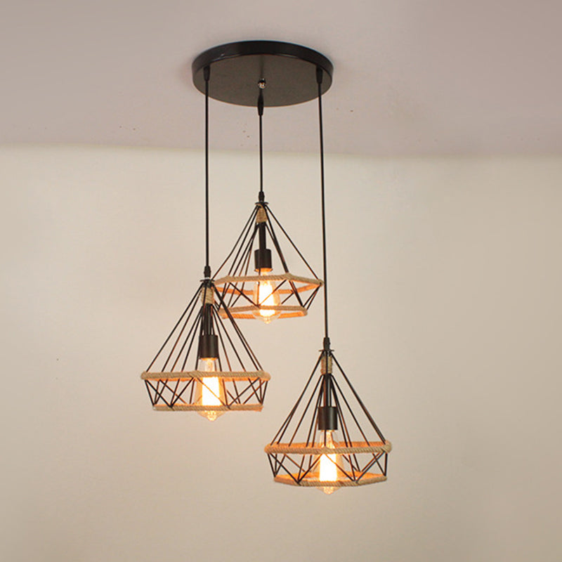 Luz de la isla de cuerda de cáñamo vintage con sombra de hierro de 3 luces restaurantes lámpara de suspensión