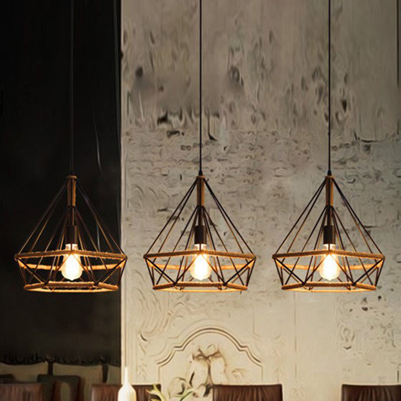 Luz de la isla de cuerda de cáñamo vintage con sombra de hierro de 3 luces restaurantes lámpara de suspensión