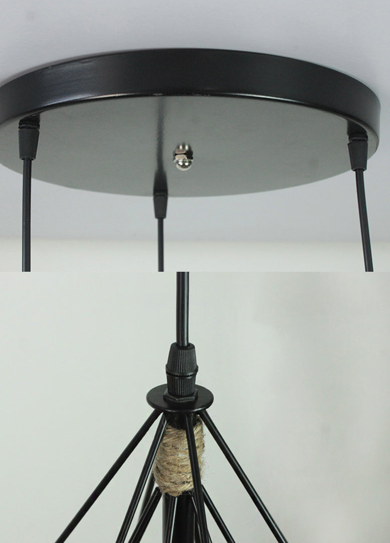 Luz de la isla de cuerda de cáñamo vintage con sombra de hierro de 3 luces restaurantes lámpara de suspensión