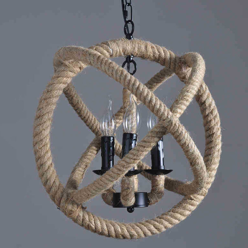 Globe Metal Pendant Lighting Industrial 3 Lights Hemp Rope  Chandelier Hanging Light Fixture in Black