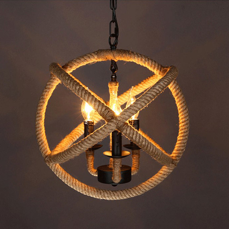 Globe Metal Pendant Lighting Industrial 3 Lights Hemp Rope  Chandelier Hanging Light Fixture in Black