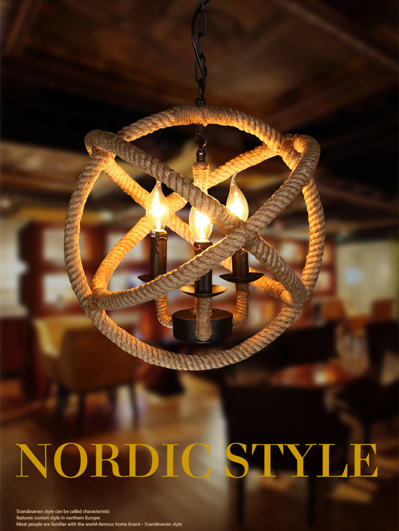 Globe Metal Pendant Lighting Industrial 3 Lights Hemp Rope  Chandelier Hanging Light Fixture in Black