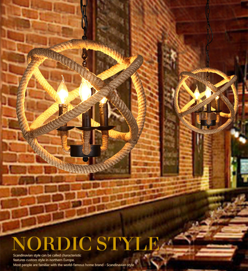 Globe Metal Pendant Lighting Industrial 3 Lights Hemp Rope  Chandelier Hanging Light Fixture in Black