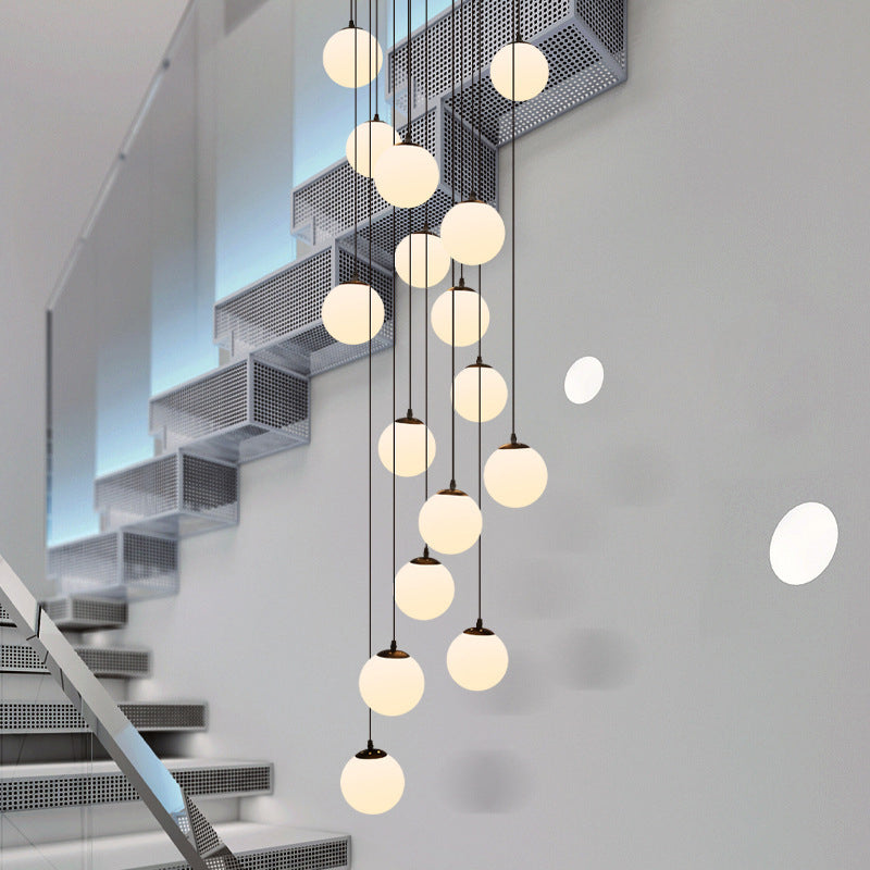 White Glass Cluster Globe Pendant Simplicity Black Multi-Light Ceiling Lamp for Staircase