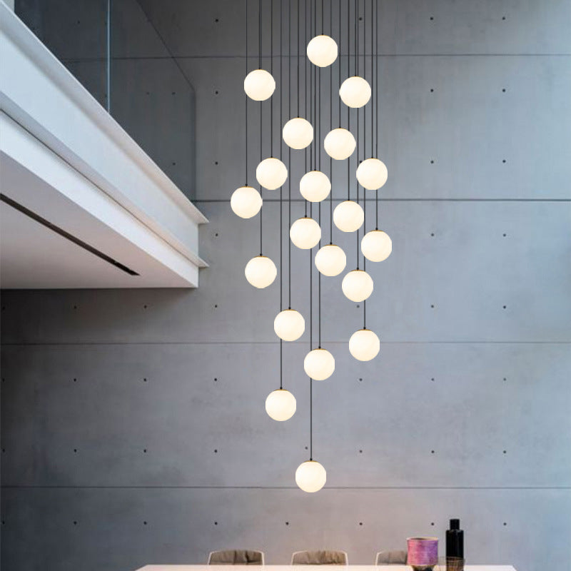 White Glass Cluster Globe Pendant Simplicity Black Multi-Light Ceiling Lamp for Staircase