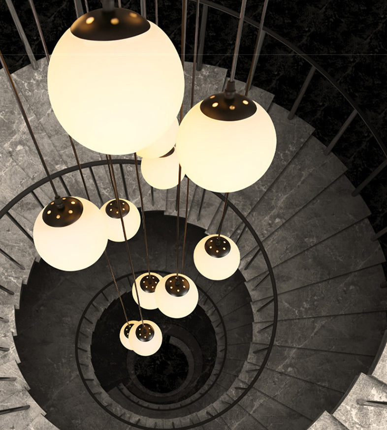 White Glass Cluster Globe Pendant Simplicity Black Multi-Light Ceiling Lamp for Staircase