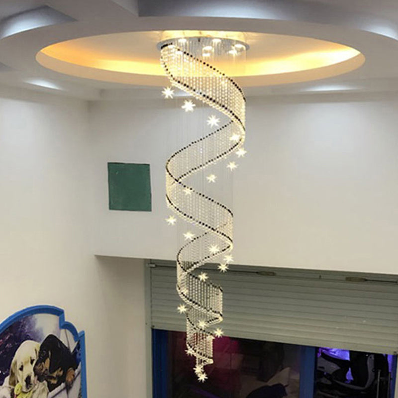 Iluminación colgante de cristal espiral lujosa luz de techo de led cromo moderno para escaleras