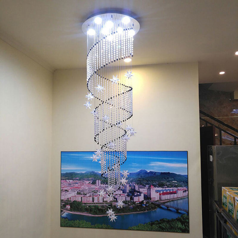 Iluminación colgante de cristal espiral lujosa luz de techo de led cromo moderno para escaleras