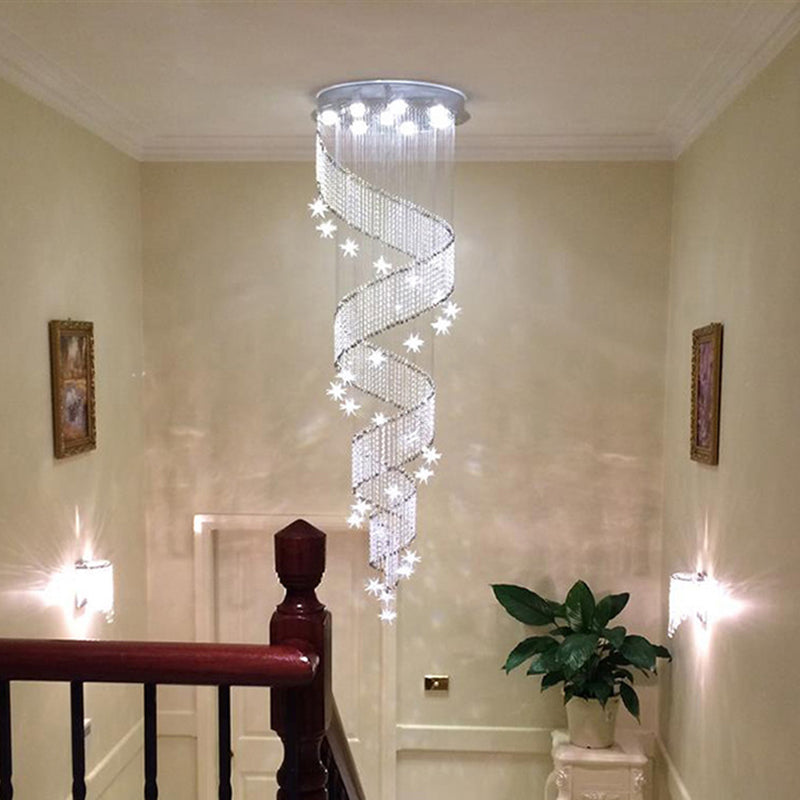 Iluminación colgante de cristal espiral lujosa luz de techo de led cromo moderno para escaleras