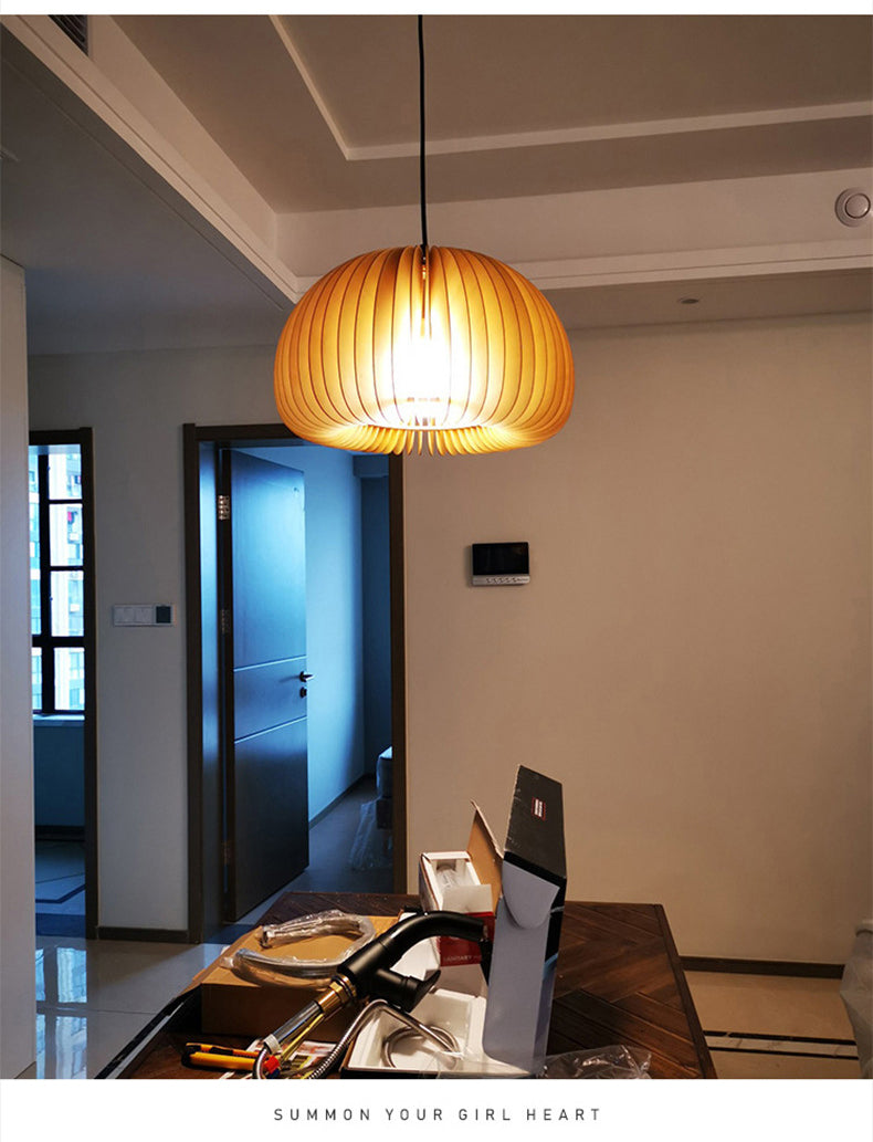 Luz de calabaza de madera beige estilo chino 1 lámpara de techo de mesa de comedor ligero