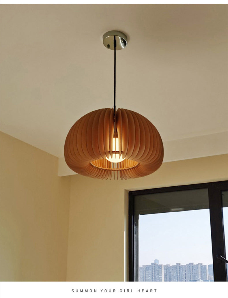Luz de calabaza de madera beige estilo chino 1 lámpara de techo de mesa de comedor ligero