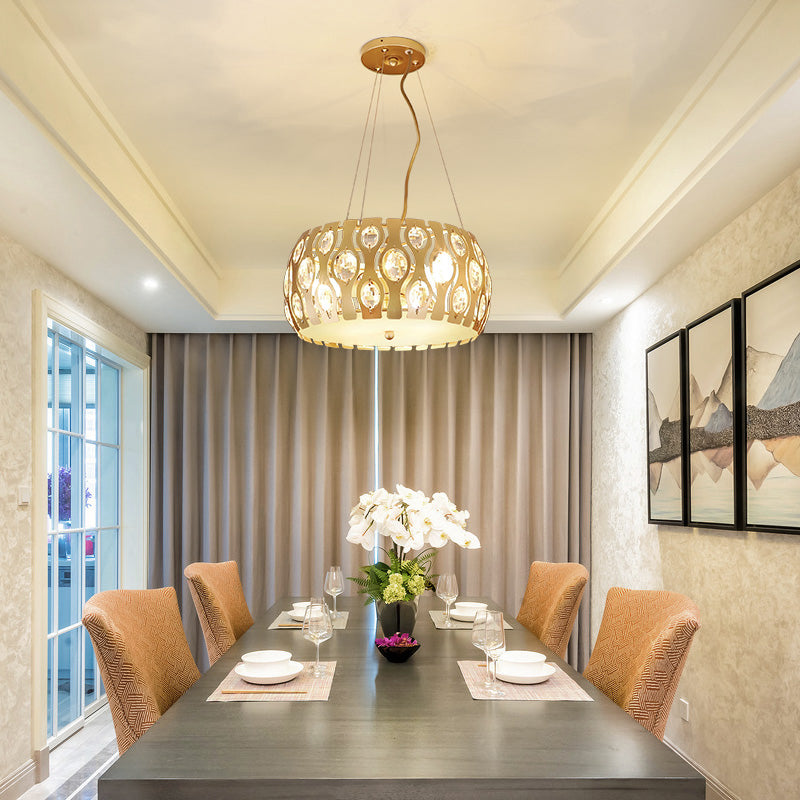 Metal Drum Hanging Chandelier Modern 3/4 Lights 15"/19" Width Gold Ceiling Lamp with Crystal Accent