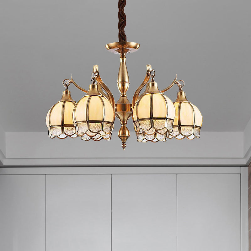 Gold 6 Lights Chandelier Lamp Colonialist Frosted Glass Flower Shape Down Lighting Pendant