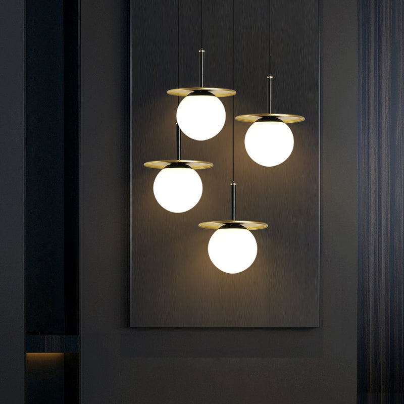 7" Wide White Glass Globe Mini Hanging Light with Round Metal Sheet Decoration Post-modern Style Simplicity Lighting Pendant in Gold