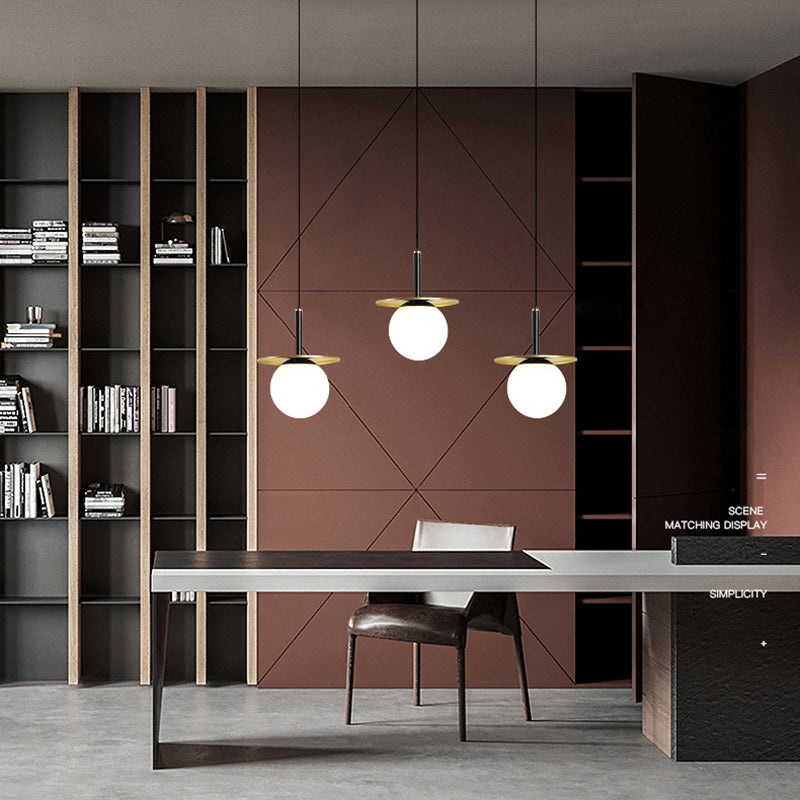 7" Wide White Glass Globe Mini Hanging Light with Round Metal Sheet Decoration Post-modern Style Simplicity Lighting Pendant in Gold