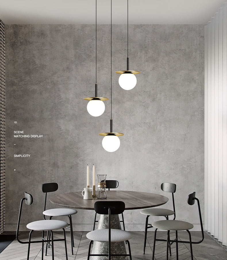 7" Wide White Glass Globe Mini Hanging Light with Round Metal Sheet Decoration Post-modern Style Simplicity Lighting Pendant in Gold