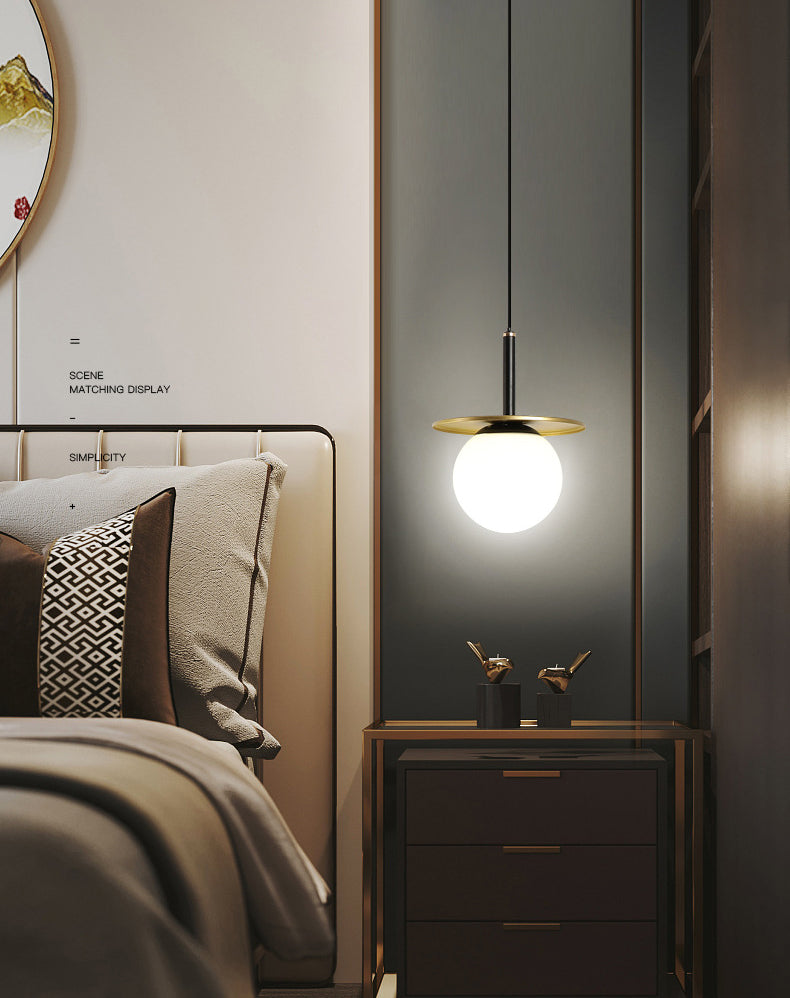 7" Wide White Glass Globe Mini Hanging Light with Round Metal Sheet Decoration Post-modern Style Simplicity Lighting Pendant in Gold