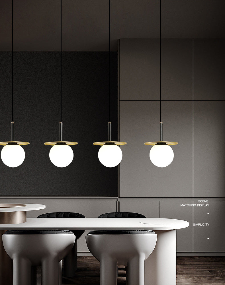 7" Wide White Glass Globe Mini Hanging Light with Round Metal Sheet Decoration Post-modern Style Simplicity Lighting Pendant in Gold