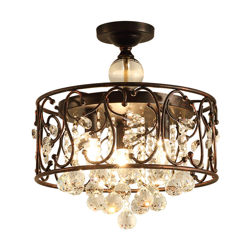 Drum Metal Ceiling Light Fixture Industrial 3 Bulbs Antique Copper Semi Flush Mount Lighting with Dropped Crystal Ball