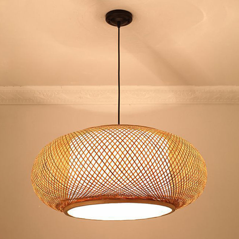 Chinese Round Lantern Ceiling Light Beige Bamboo 1 Light Restaurant Hanging Pendant Lighting