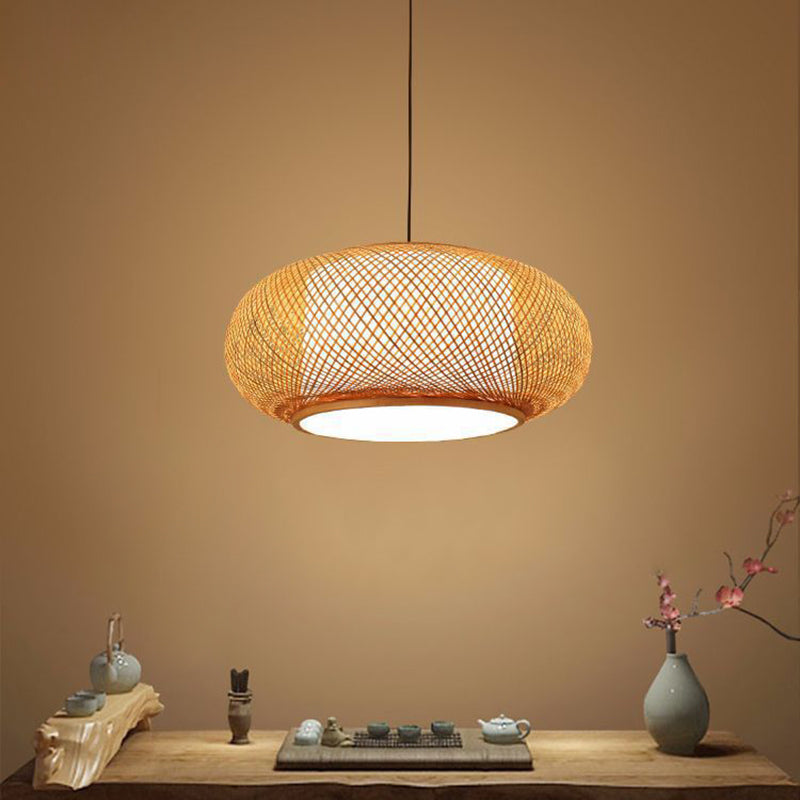 Chinese Round Lantern Ceiling Light Beige Bamboo 1 Light Restaurant Hanging Pendant Lighting