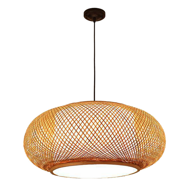 Chinese Round Lantern Ceiling Light Beige Bamboo 1 Light Restaurant Hanging Pendant Lighting