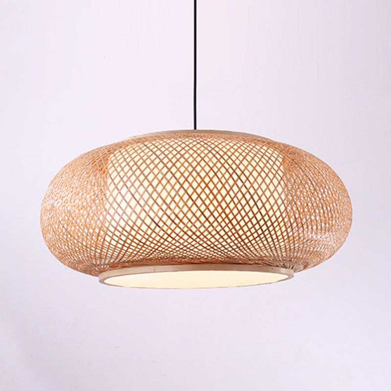 Chinese Round Lantern Ceiling Light Beige Bamboo 1 Light Restaurant Hanging Pendant Lighting