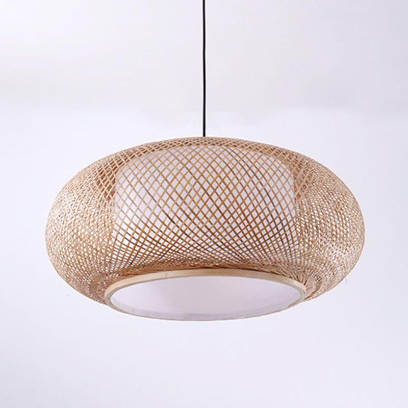Chinese Round Lantern Ceiling Light Beige Bamboo 1 Light Restaurant Hanging Pendant Lighting