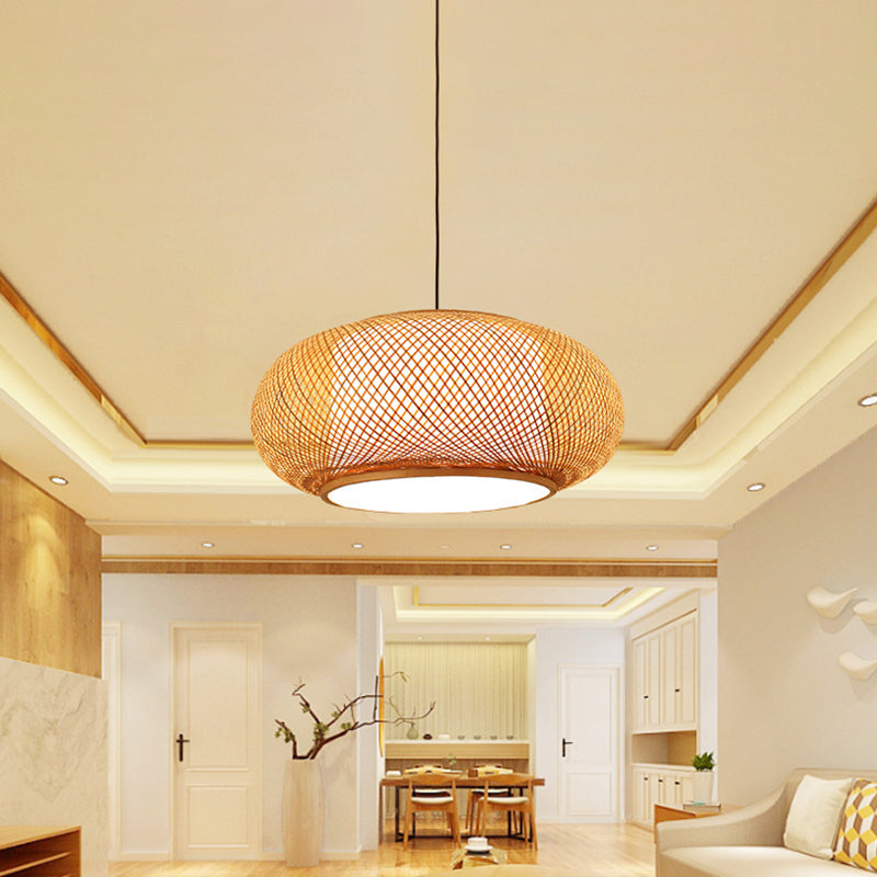 Chinese Round Lantern Ceiling Light Beige Bamboo 1 Light Restaurant Hanging Pendant Lighting