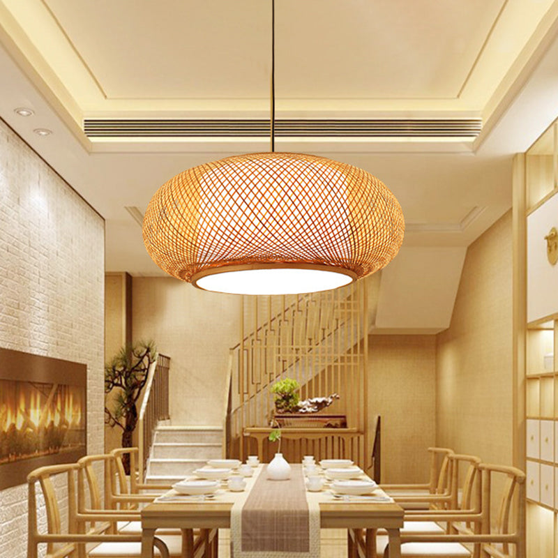 Chinese Round Lantern Ceiling Light Beige Bamboo 1 Light Restaurant Hanging Pendant Lighting