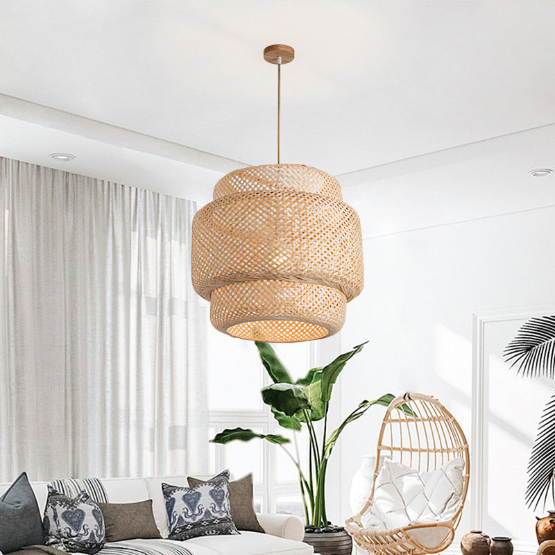 Lantern Bambus Rattan Form Anhänger Hängende Lampe Asien Stil 1 Licht hängende Deckenleuchte für Wohnzimmer