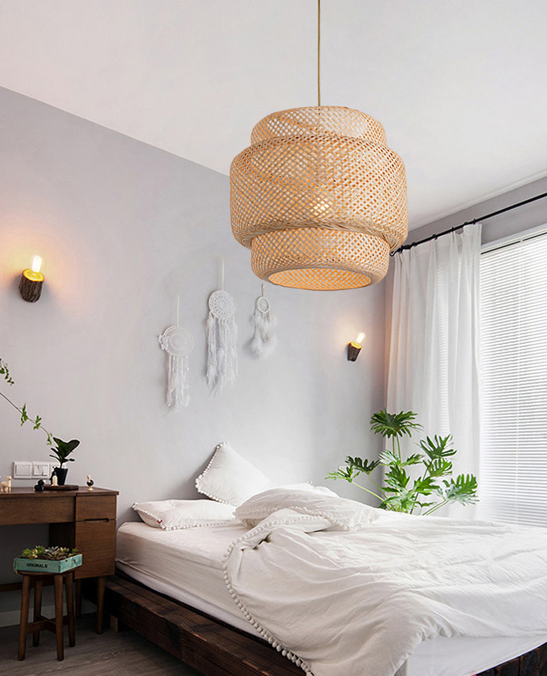 Lantern Bambus Rattan Form Anhänger Hängende Lampe Asien Stil 1 Licht hängende Deckenleuchte für Wohnzimmer