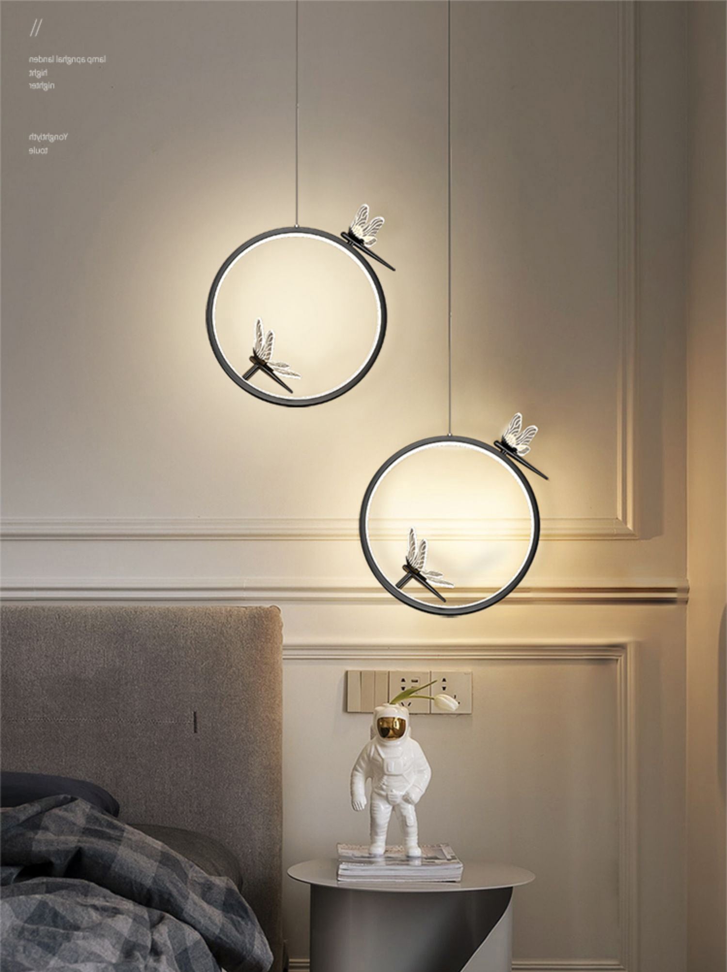 Anillo y libélula Led colgante artística simple acrílico lámpara colgante de la cama colgante