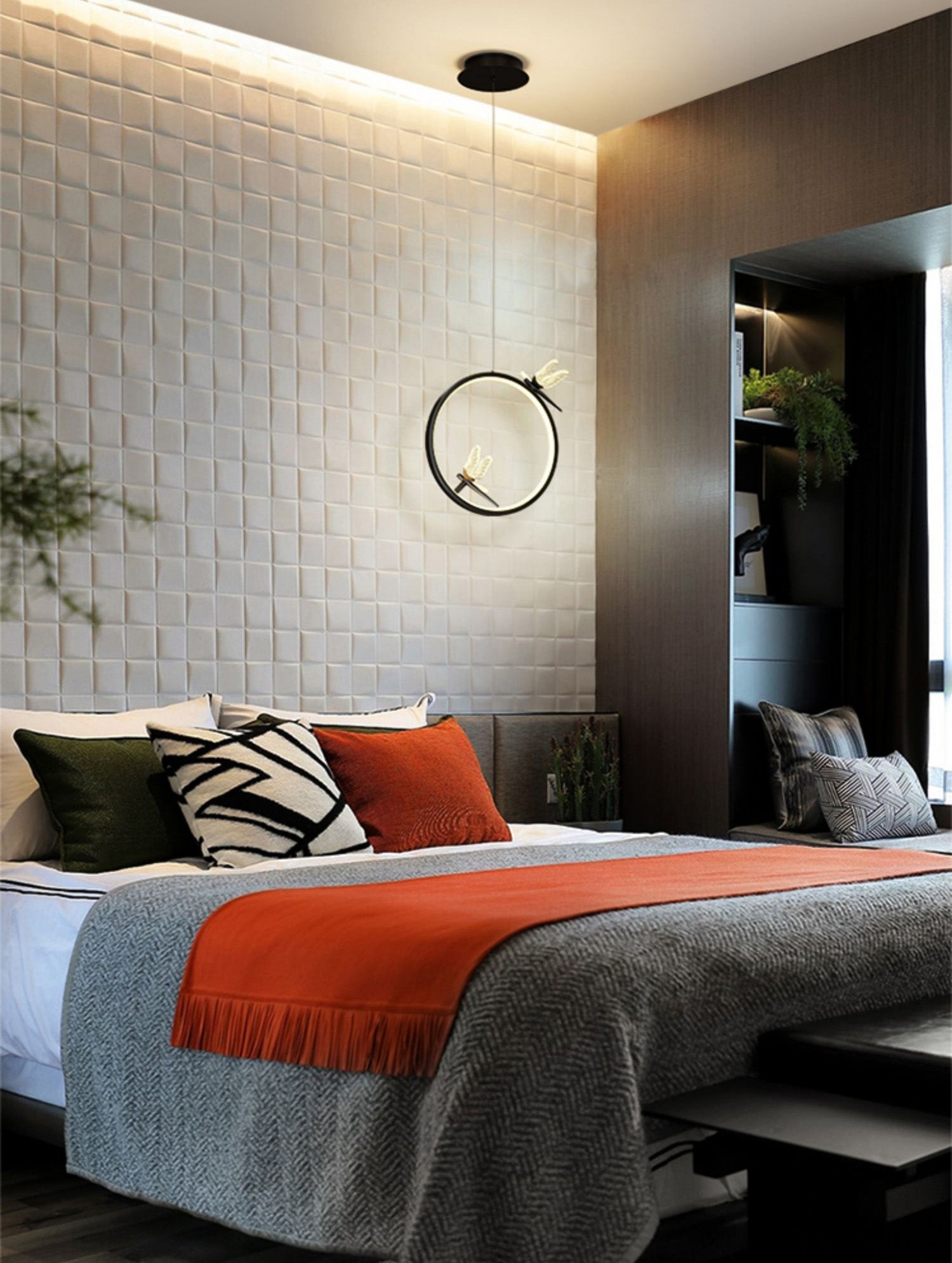 Anillo y libélula Led colgante artística simple acrílico lámpara colgante de la cama colgante