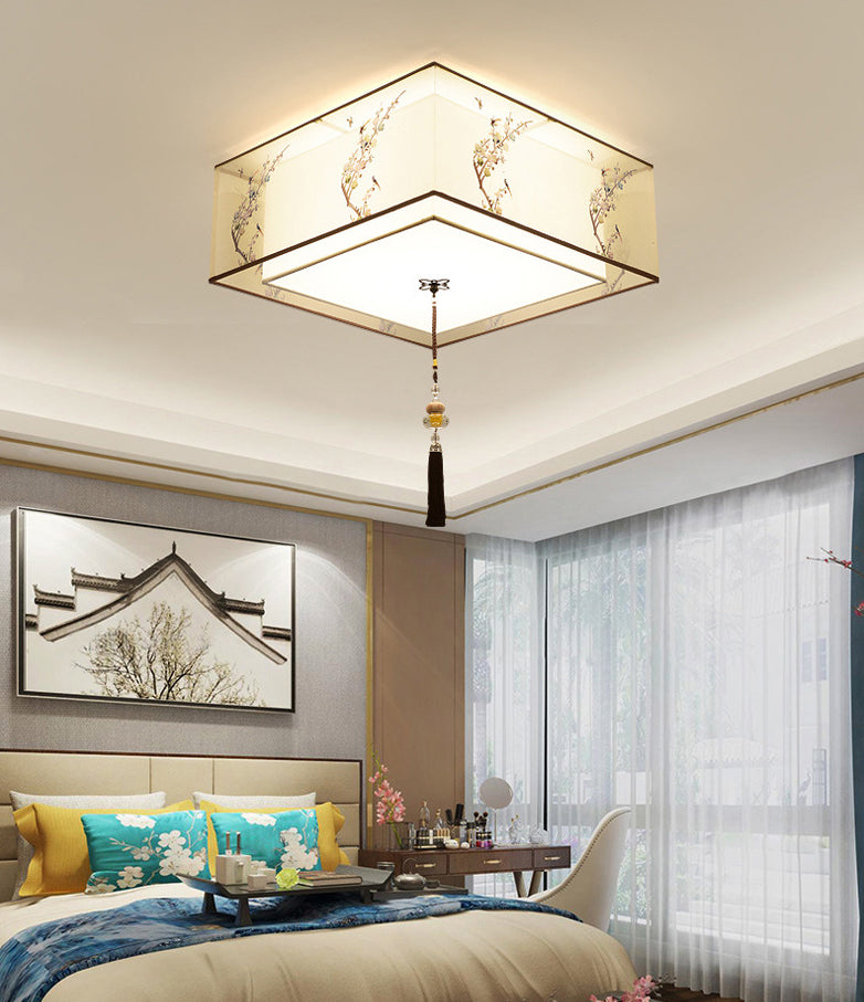 Lampe à encastrer traditionnelle pour chambre à coucher avec abat-jour en tissu géométrique en blanc