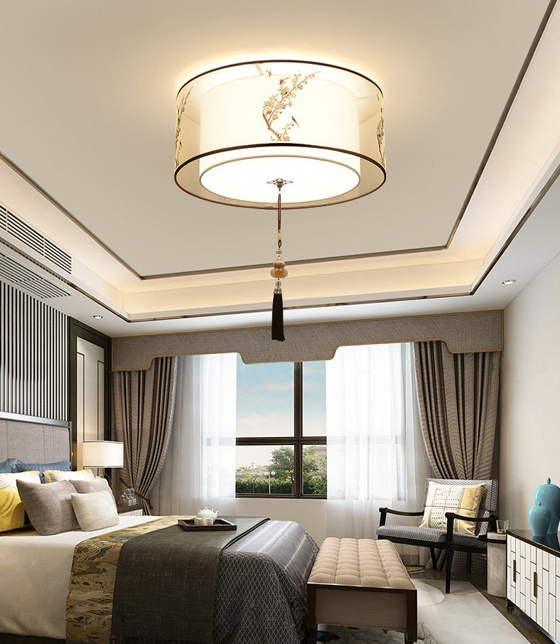 Lampe à encastrer traditionnelle pour chambre à coucher avec abat-jour en tissu géométrique en blanc