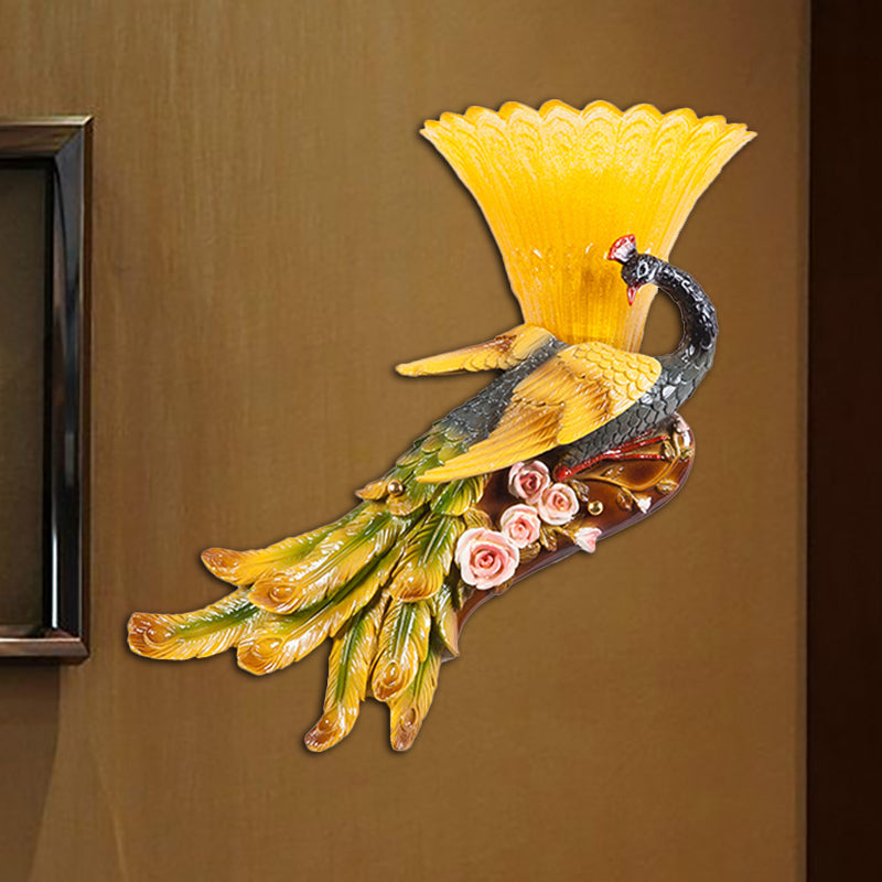 1 Light Scalloped Wall Mount Light Modern Style Yellow Glass Wall Lamp with Peacock Design for Bedroom, Left/Right