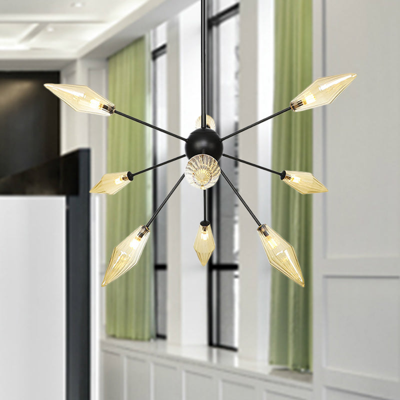 Diamond Shade Chandelier Light Fixture Mid-Century Amber/Clear Ribbed Glass 9/12/15 Lights Living Room Pendant Lighting