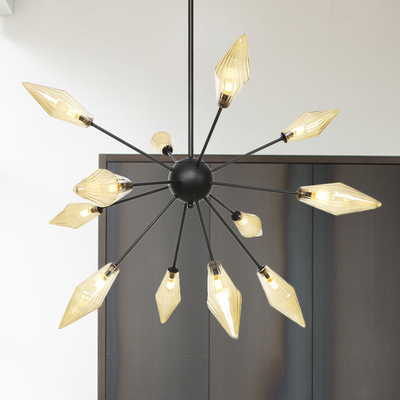 Diamond Shade Chandelier Light Fixture Mid-Century Amber/Clear Ribbed Glass 9/12/15 Lights Living Room Pendant Lighting