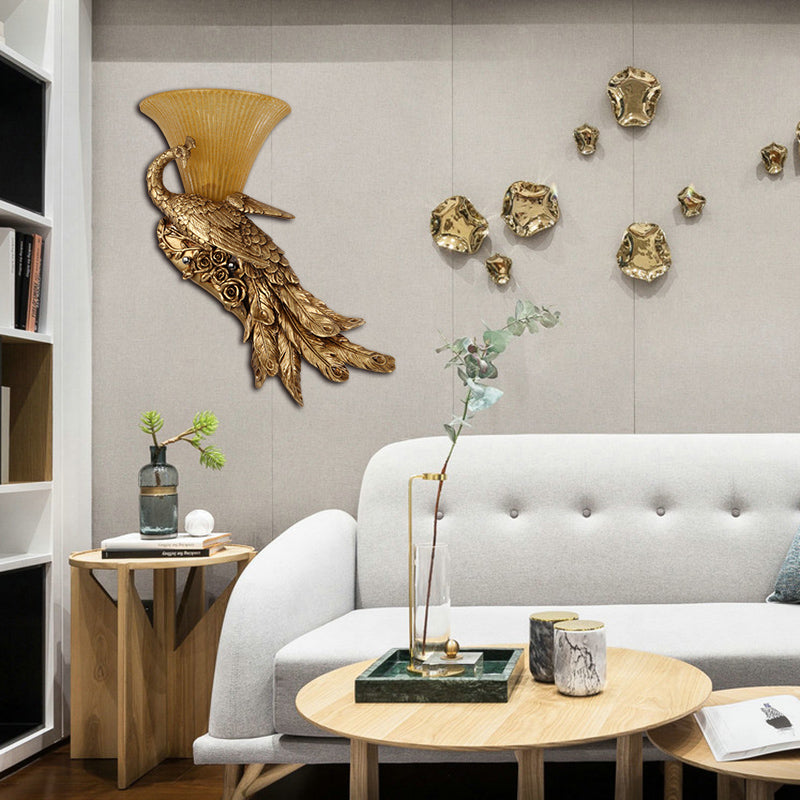 1 HEAD SCONCE LIGHT DIMPLE STYLE VINTAGE BELLE LAMPE MUR DE VERRE JAUNE avec conception de paon doré, gauche / droite