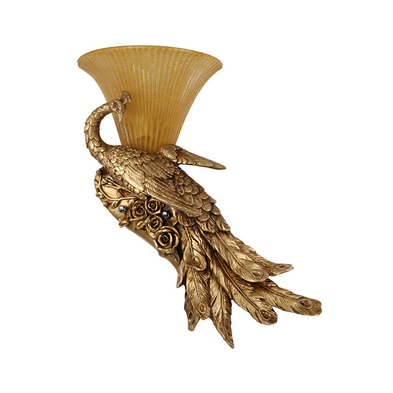 1 HEAD SCONCE LIGHT DIMPLE STYLE VINTAGE BELLE LAMPE MUR DE VERRE JAUNE avec conception de paon doré, gauche / droite
