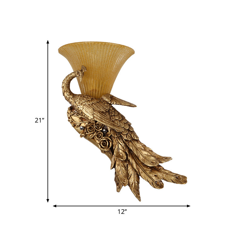 1 HEAD SCONCE LIGHT DIMPLE STYLE VINTAGE BELLE LAMPE MUR DE VERRE JAUNE avec conception de paon doré, gauche / droite