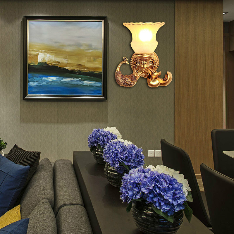 Frosted Glass Blaadwand SCONCE VINTAGE STYLE 1 BULB COORNEMEN WANDELLICHTING BELANGRIJK MET GOUD PEACOCK ACHTERPLATE