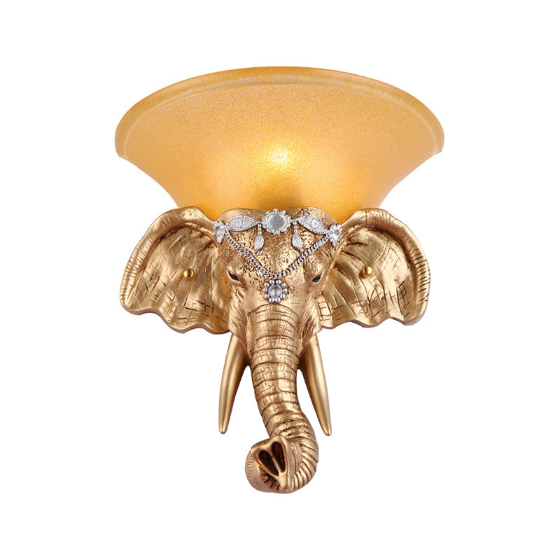 1 Bulb Resin Sconce Lamp Retro Style Golden Elephant Head Bedroom Wall Light with Flared Yellow Glass Shade