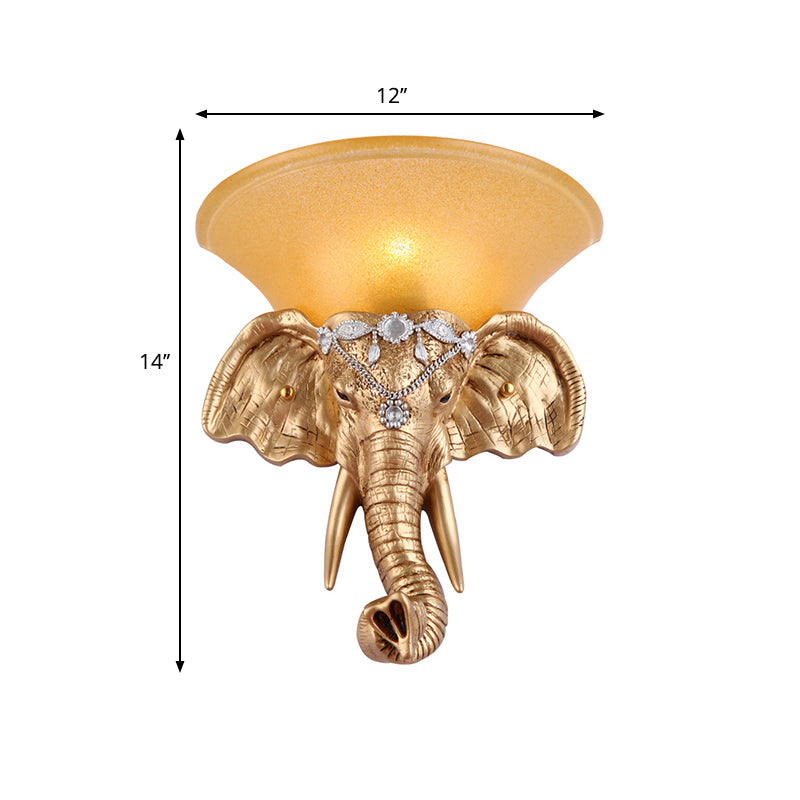 1 Bulb Resin Sconce Lamp Retro Style Golden Elephant Head Bedroom Wall Light with Flared Yellow Glass Shade