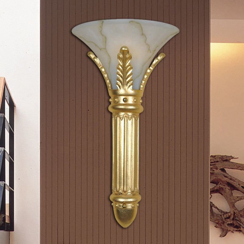 Lodge Style Bell Wall Light Fixture 1 Bulb White Glass and Resin Wall Sconce in Gold for Bedroom