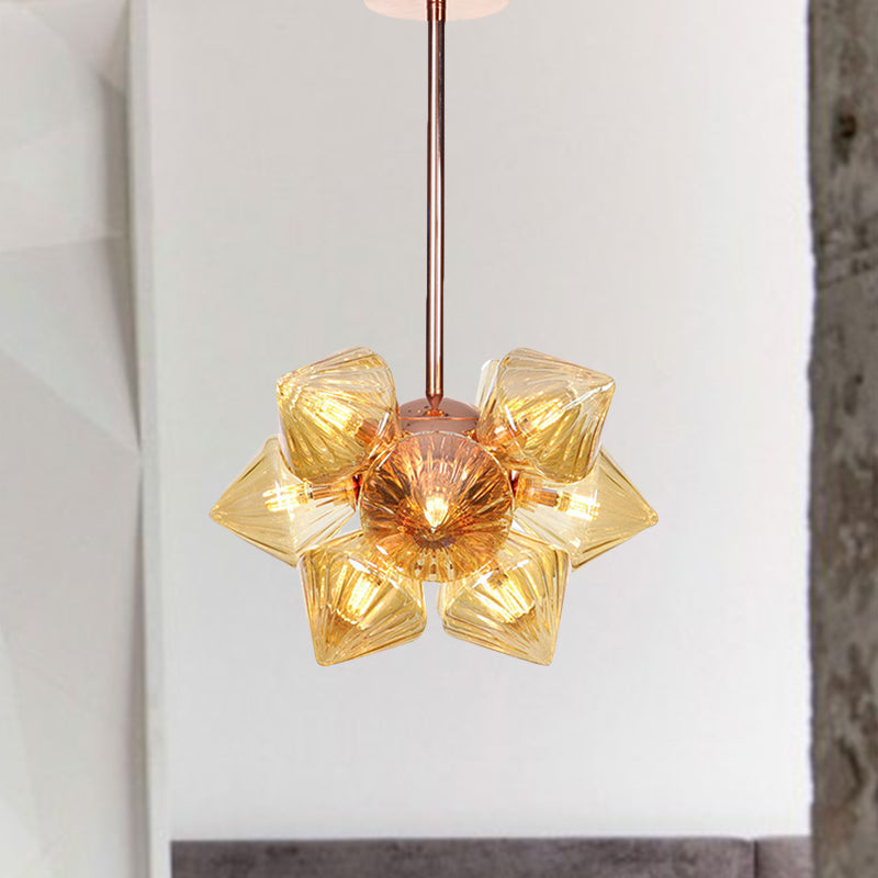 Diamond Amber / Glass Glass Chandelier Lamp Farmhouse élégant 9/12 têtes Copper / Gol Finition Éclairage suspendu
