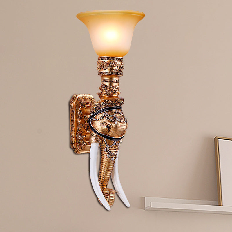 Golden Elephant Sconce Lamp Colonial Style Resin 1 Bulb Corridor Wall Lighting with Amber Glass Bell Shade