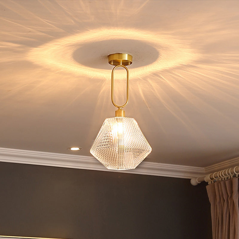 1 Bulb Hexagonal Semi Flush Light Minimalist Clear Prismatic Glass Ceiling Lamp Kit